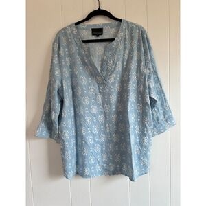 Cynthia Rowley 1X Blue White Ikat Print V Neck 3/4 Sleeve Linen Blend Tunic Top